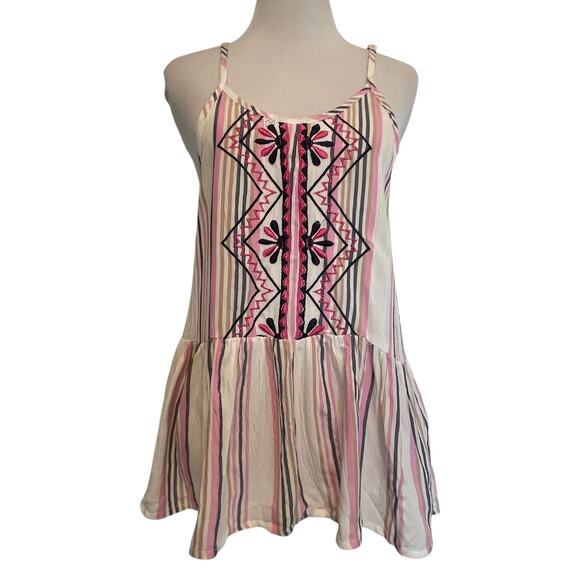 Raya Sun Striped Embroidered Tank Womens Small Ivory Pink Boho Sleeveless Top - Picture 1 of 6